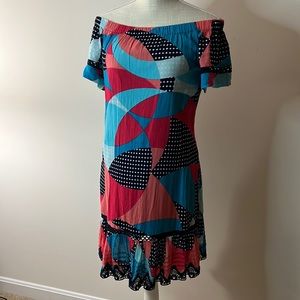 Kaari Blue Rayon (cotton-lined) On/off Shoulder Dress Size S $119.50 geometric